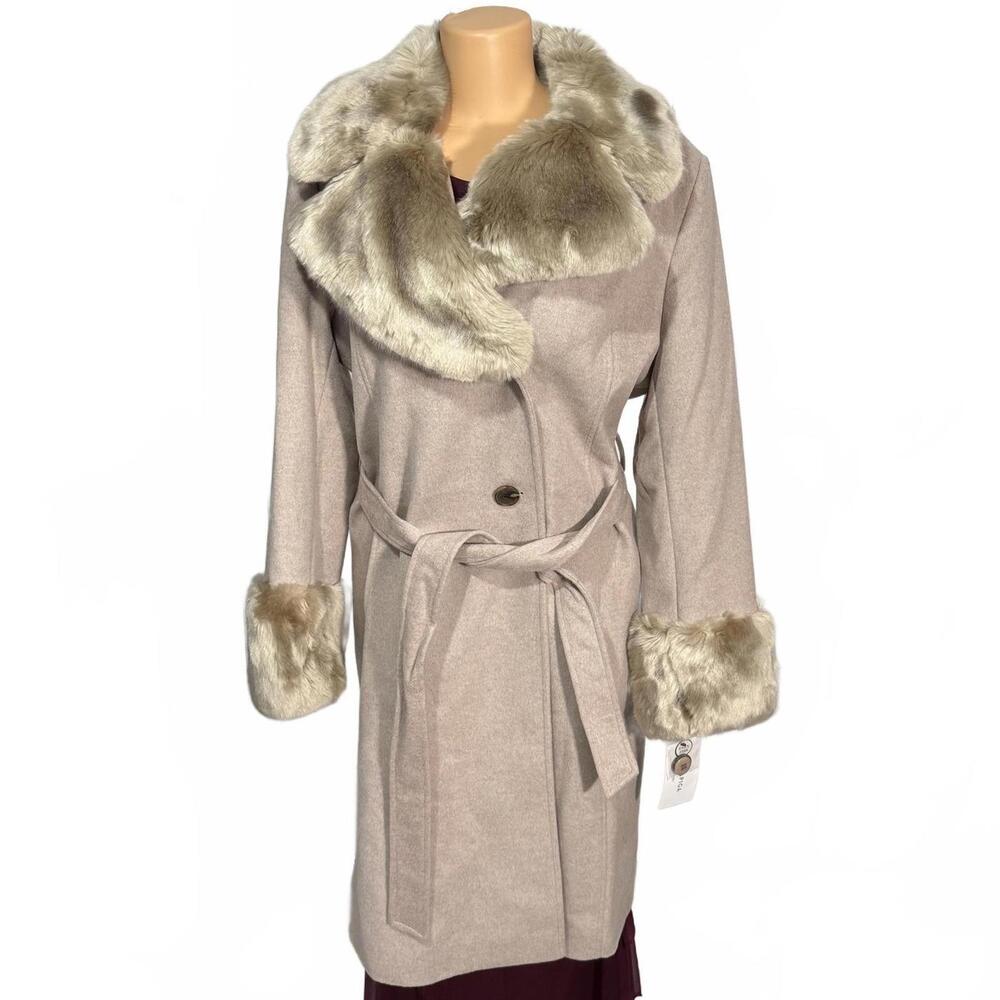 Via Spiga Cream Wool Coat with Faux Fur‎ Trim – Women's Size XL [NEW]